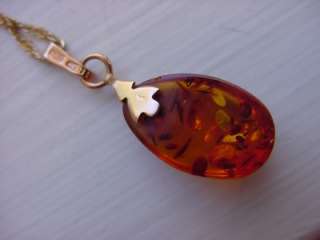 Russian 14k Solid Pink Rose Gold Amber Pendant on Chain  