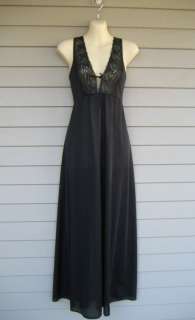 Vtg Vassarette Womens Black Lace Long Nightgown M to S  