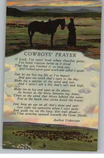 Linen PostcardCowboys Prayer PoemCattleCowboy & Horse  