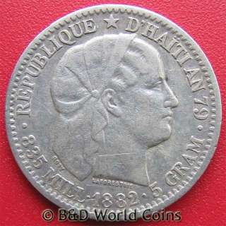 HAITI 1882 20 CENTIMES .835 SILVER 23mm COIN KM#45  