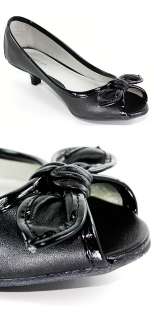 Black Faux Leather Casual Open Toe Bow Flats Size 7.5  