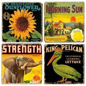 Vintage Fruit Label Coaster Set 3   Orangedale Sunflower, Morning Sun 