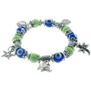 Blue and Green Evil Eye Bracelet with Assorted Shape Charm Dangles   7 