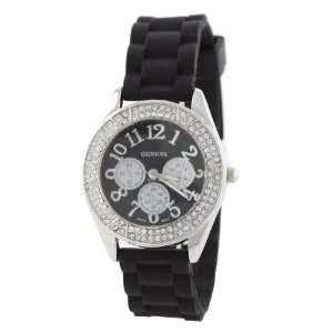   Look with CZ Accented   Black Silicon Band Watch, Large Face Jewelry