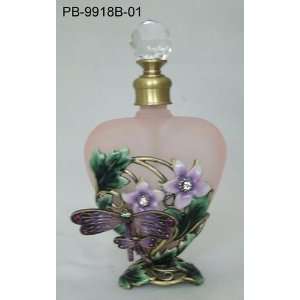 Purple Dragonflies with Flowers Heart Shaped Perfume Bottle 4.5in H 
