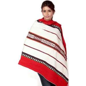   Ivory and Red Folk Shawl Woven in Nagaland   Cotton 