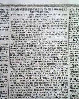 DRED SCOTT CASE Slave Trial Decision 1857 Old Newspaper  
