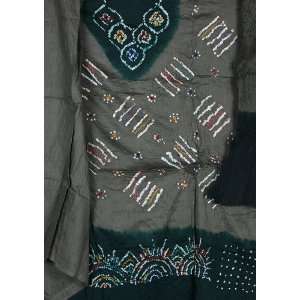  Gray and Green Bandhani Tie Dye Suit from Gujarat   Pure 