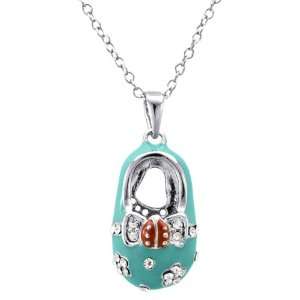 Turquoise Enamel & CZ Baby Shoe with Lady Bug Accent Silver Necklace 
