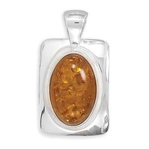  Sterling Silver Large Rectangle with Oval Amber Pendant 