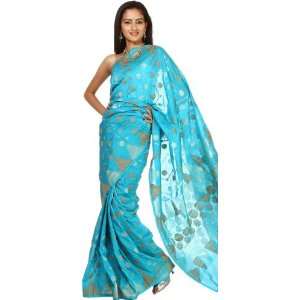 Turquoise Blue Sari from Banaras with All Over Bootis Woven in Jute 