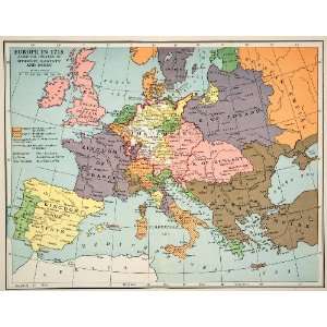  1929 Lithograph Color Map Europe Treaty Utrecht Rastatt 