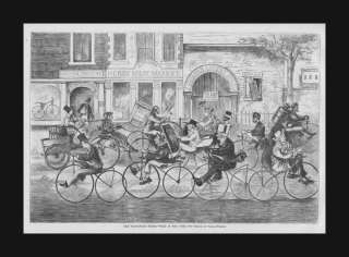 Bicycle Mania, Velocipede by Thomas Worth, antique engraving 1869 