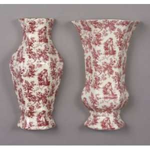 Red and White Toile Design Transferware WALL POCKET SET  