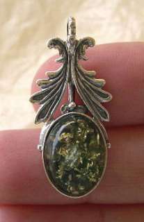 BALTIC HONEY or GREEN AMBER & STERLING SILVER LEAF PENDANT  