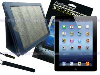 Blue Leather Case+Screen Protector+Stylus for iPad 3  