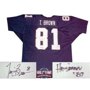 Tim Brown Autographed/Hand Signed Blue Notre Dame Jersey with Heisman 