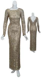 Glitzy fully sequined knit evening gown with high bateau neckline, v 