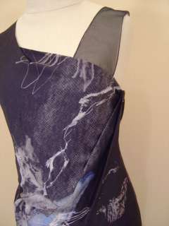   Lang Black Blue Silk Tryphid Print Satieen Dress Sz 6 NWT $485  