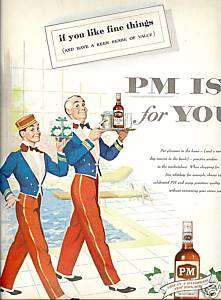 50s vintage PM Whiskey AD~BELLHOPS w/fine things~1955  