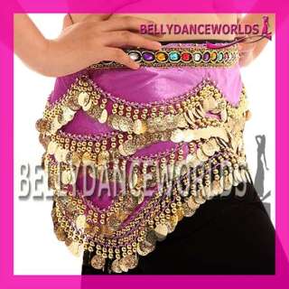 BELLY DANCE FAUX GEMSTONE HIP SCARF SKIRT GOLD COIN 4CL  