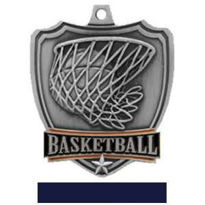 Custom Basketball Shield Medal W/Neck Ribbon SILVER MEDAL/NAVY RIBBON 