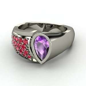   Ribbon Band, Pear Amethyst 14K White Gold Ring with Ruby Jewelry
