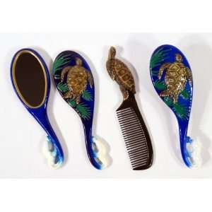  Handpainted Brown Sea Turtle Hair Brush Mirror Comb Set 