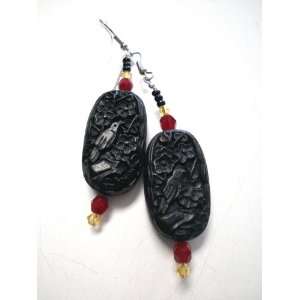  Carved Black Hand Made Songbird Earrings 