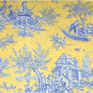  54 Wide Bucolic Toile Yellow/Blue Fabric By The Yard 