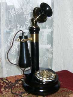   BT ANTIQUE BLACK WOOD BRASS CANDLESTICK ROTARY DIAL PHONE TELEPHONE