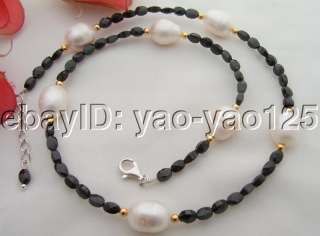Stunning Black Spinel&Pearl Necklace 925 Silver Clasp  