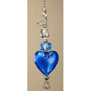 Large Blue Heart Lampwork Foil Lined Glass Light or Ceiling Fan Pull