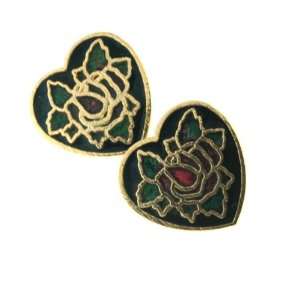 Gold Plated Rose on Black Background Clisonne Earrings in Heart Shape 