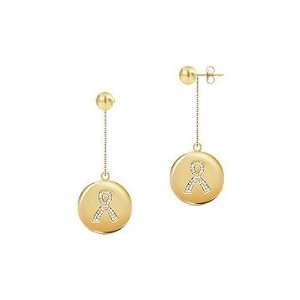 Diamond Breast Cancer Awareness Ribbon Disc Earrings  14K Yellow Gold 