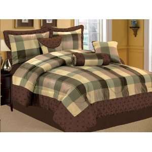  7Pcs Plaid Bed in a Bag Comforter Set King Brown