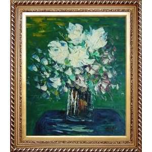 Knife Painted White Roses Oil Painting, with Exquisite Dark Gold Wood 