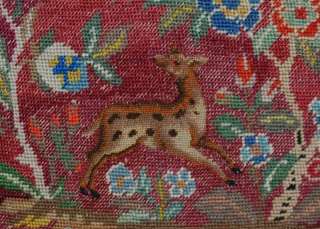 Deer Surrounded with Flowers Antique Needlepoint Pillow  