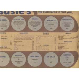  Susies Submarines and Kaisers Menu and Placemat 