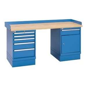  Workbench W/5 And 1 Drawer W/Shelf Cabinets, Butcher Block Top   Blue