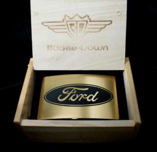 Ford Logo Belt Buckle with Wood Gift Box Brass/Black  