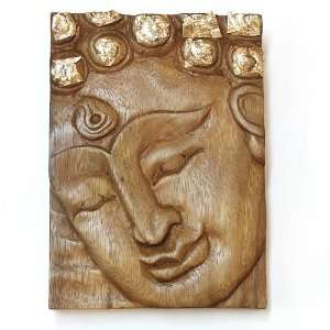   Handmade Carved Wood Buddha Panel With Gold Leaf