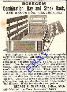 1893 SCHAIRER BOSEGEM HAY & STOCK RACK WAGON BOX BED AD  