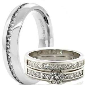   Stainless Steel Engagement Wedding Band Ring Set (Size Mens 10 Women