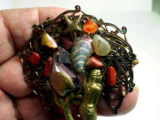 Vntg Figural Mermaid Sea Life Genun Stones Collage Pin  