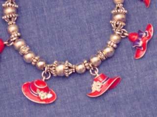 RED HAT SOCIETY ENAMEL+PURPLE 8 CHARMS+BEADS SILVERTONE STRETCH 