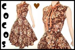 VTG 50s Brown Floral SL Faille New Look Day Dress M  