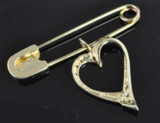   Gold Diamond Heart Dangle Charm Pendant Brooch Scarf Safety Pin  