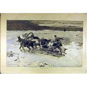    1887 Horse Sleigh Hunting Snow Dogs Sport Print