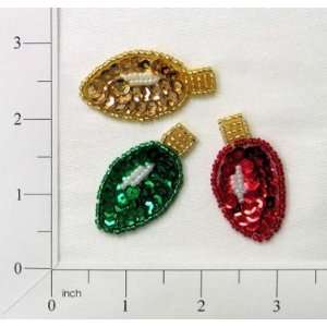  Light Bulbs Sequin Applique   Gold, Red, Kelly Green   3 
